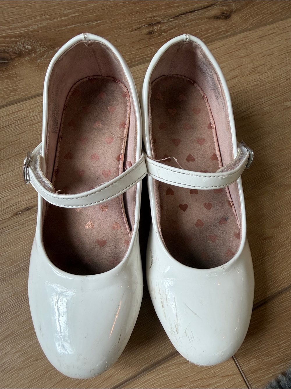 SO White Patent Mary Jane Shoes with Pink Heart Lining